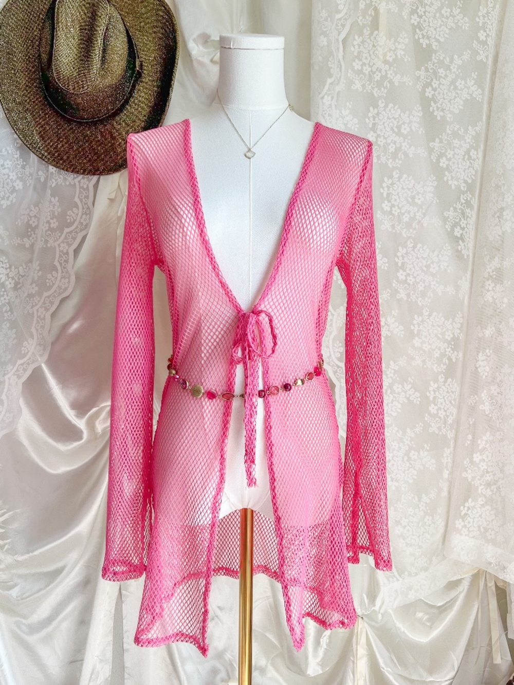 Y2K Style Hot Pink Fishnet Tie Front Cardigan Sheer Mesh Cover Up